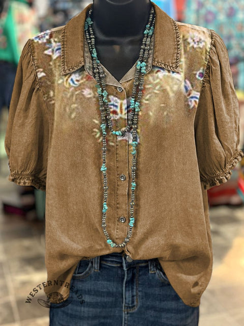 Women's Retro Flowers Patterns Print Casual Cotton Shirt