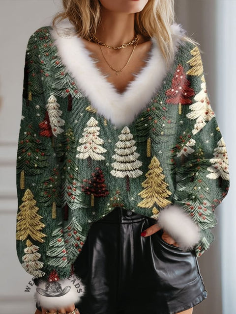 Retro Christmas Tree Print Knit Pullover Sweater