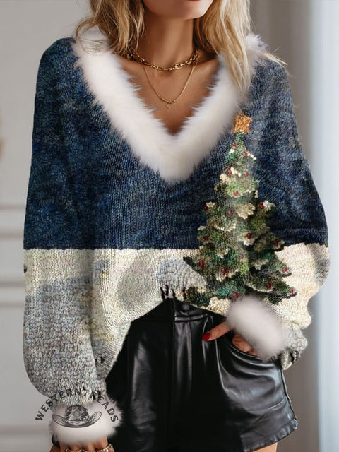 Retro Christmas Tree Print Knit Pullover Sweater