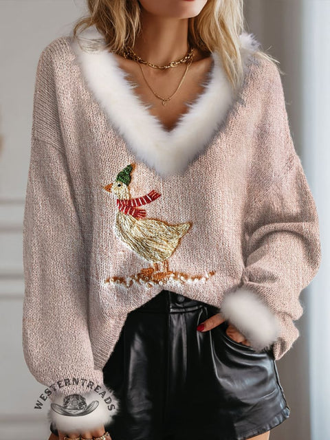 Christmas Skiing Duck Print Knit Pullover Sweater