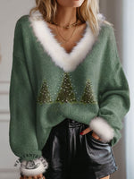Retro Christmas Tree Print Knit Pullover Sweater