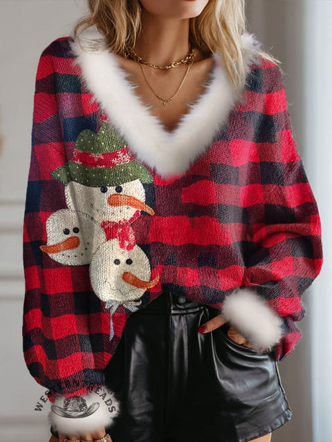 Retro Christmas Snowman Print Knit Pullover Sweater