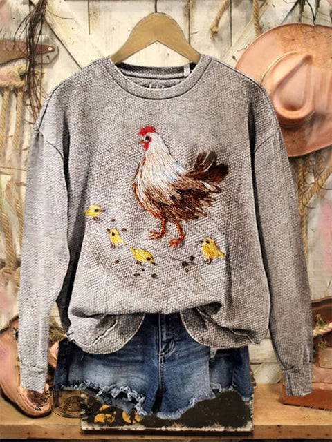Imitation Embroidered Chicken Print Casual Cotton Sweatshirt