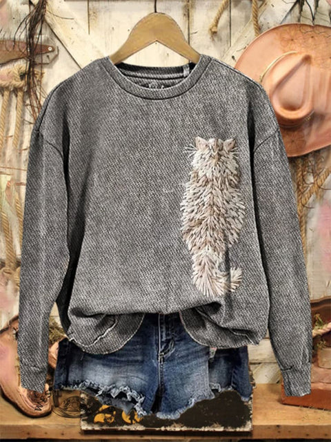 Imitation Embroidered Cat Print Casual Cotton Sweatshirt