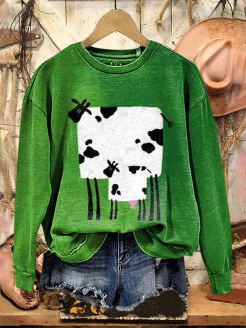 Cow Geometry Print Casual Cotton Sweatshirt