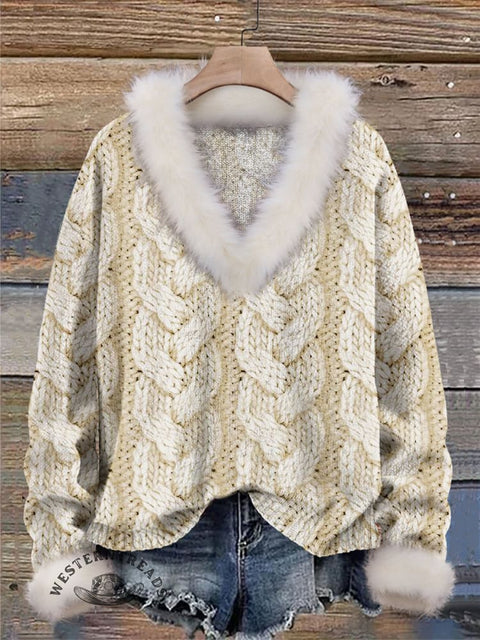 Imitation Knitted Print Knit Pullover Sweater