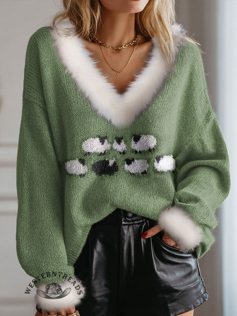 Imitation Embroidery Sheep Print Knit Pullover Sweater
