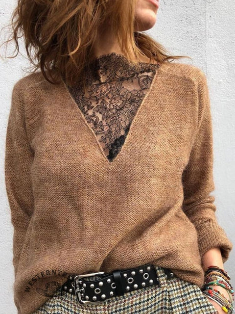 Women's Patchwork Lace Casual Pullover Sweater