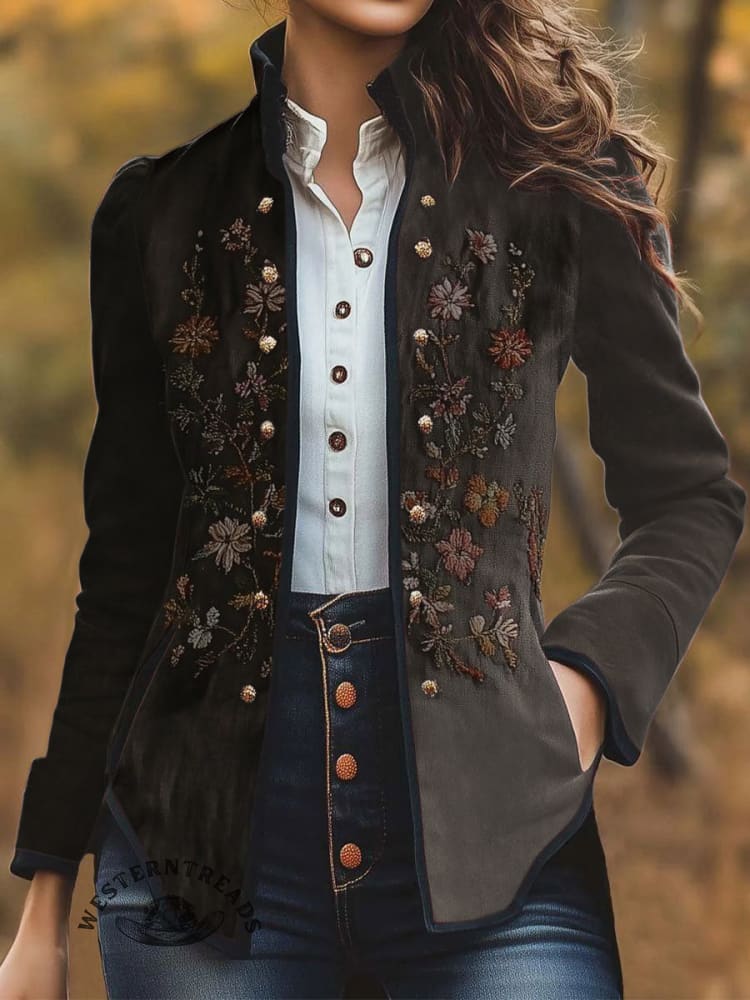 Women's Retro Flowers Pattern Print Casual Jacket