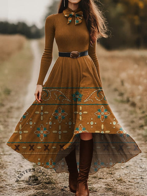 Women's Retro Ethnic Pattern Print Skirt and Long-sleeve Tops Two-Piece Suit