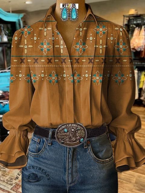 Women's Retro Ethnic Pattern Print Casual  Cotton And Linen Shirt