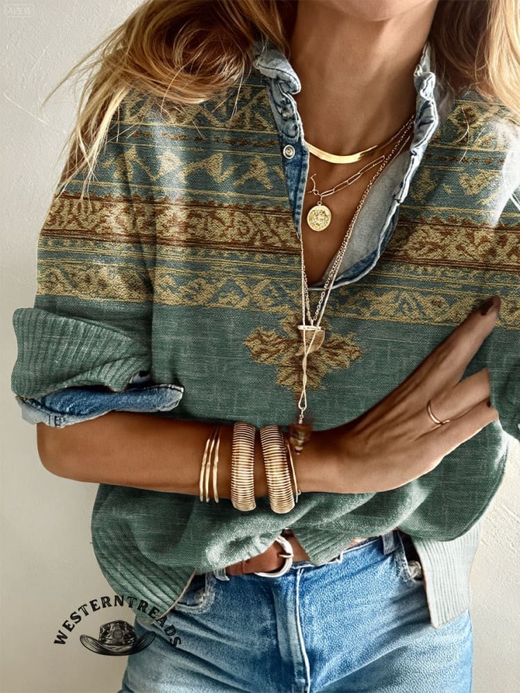 Women's Vintage Western Geometric Print V-neck Long Sleeve Linen Blend Casual Cotton Sweatshirt