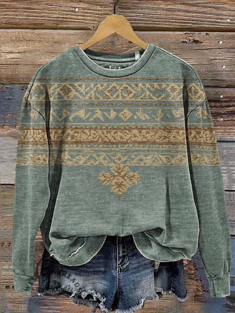Retro Ethnic Pattern Print Casual Cotton Sweatshirt