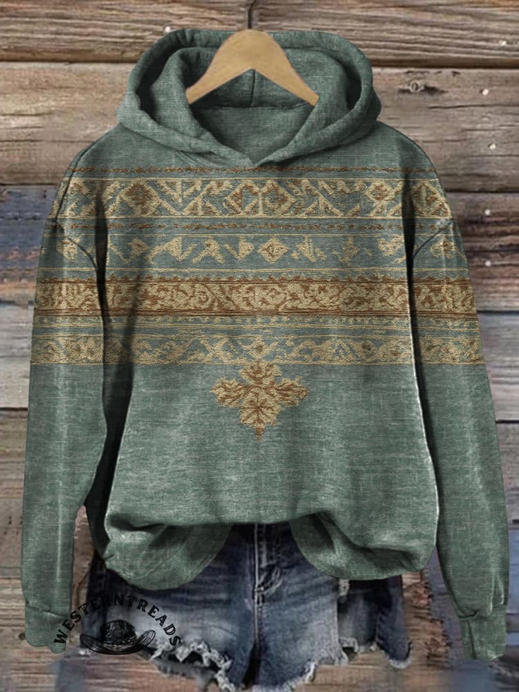 Women's Vintage Western Geometric Print V-neck Long Sleeve Linen Blend Casual Cotton Sweatshirt