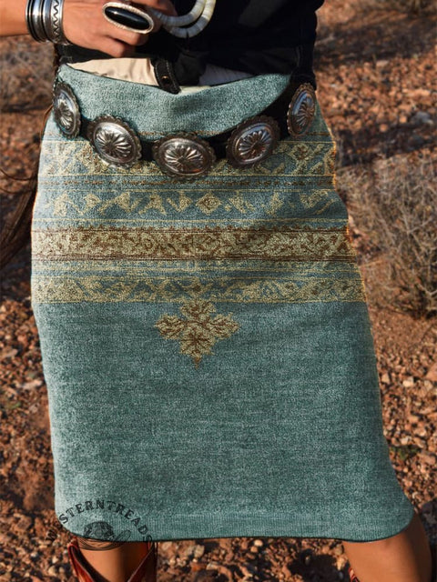 Women's Retro Ethnic Pattern Print  Knitted Skirt