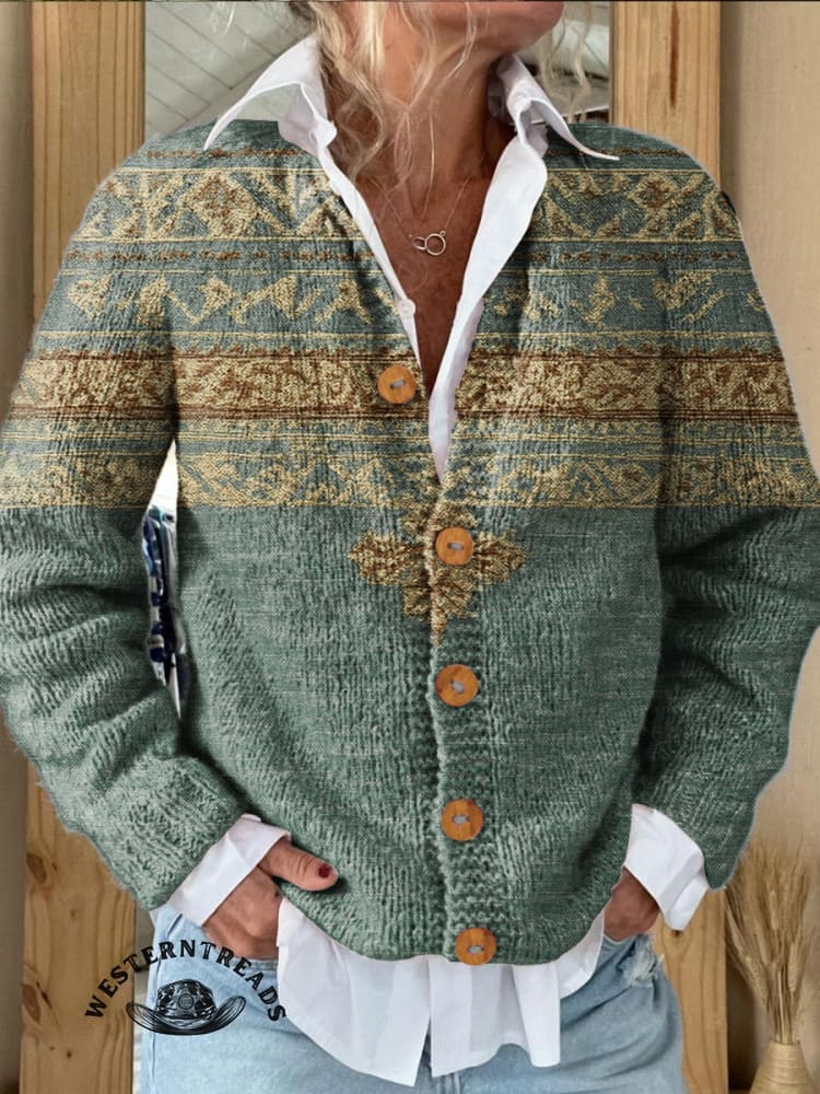 Women's Vintage Western Geometric Print V-neck Long Sleeve Linen Blend Casual Cotton Sweatshirt