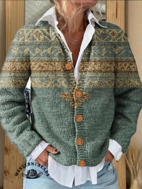 Retro Ethnic Pattern Print Buttoned Cardigan Sweater