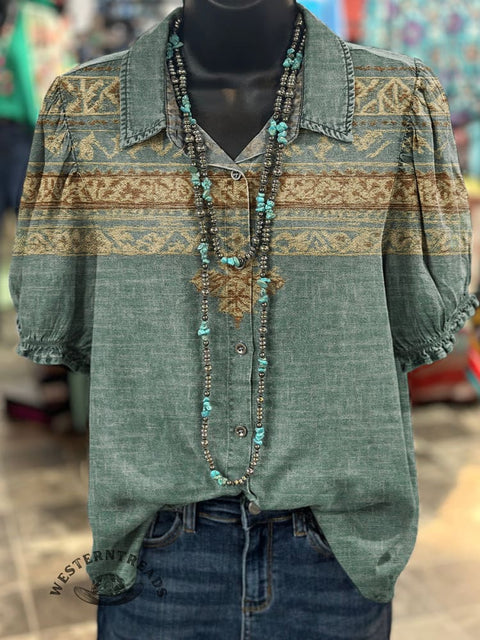 Women's Retro Ethnic Pattern Print Casual Cotton Shirt