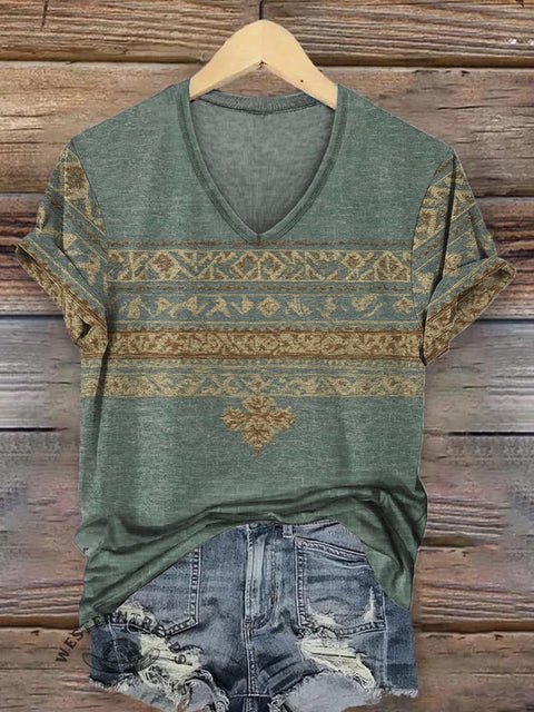 Women's Retro Ethnic Pattern Print V-neck Casual T-Shirt
