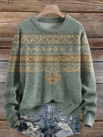 Women's Vintage Western Geometric Print V-neck Long Sleeve Linen Blend Casual Cotton Sweatshirt