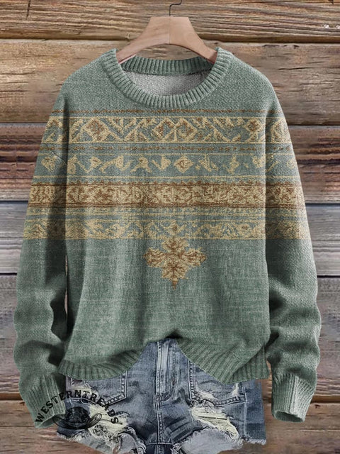 Retro Ethnic Pattern Print Knit Pullover Sweater