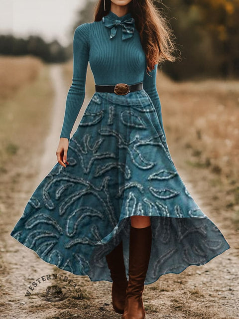 Women's Pastoral Floral Skirt and Long-sleeve Tops Two-Piece Suit