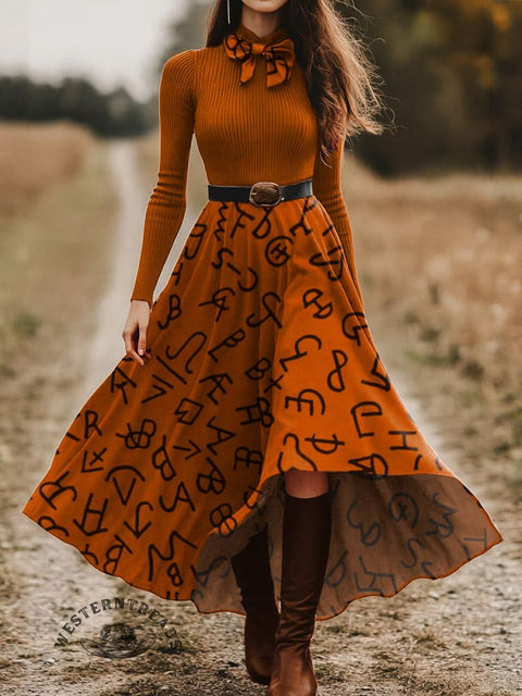 Women's Western Cattle Brands Print Skirt and Long-sleeve Tops Two-Piece Suit