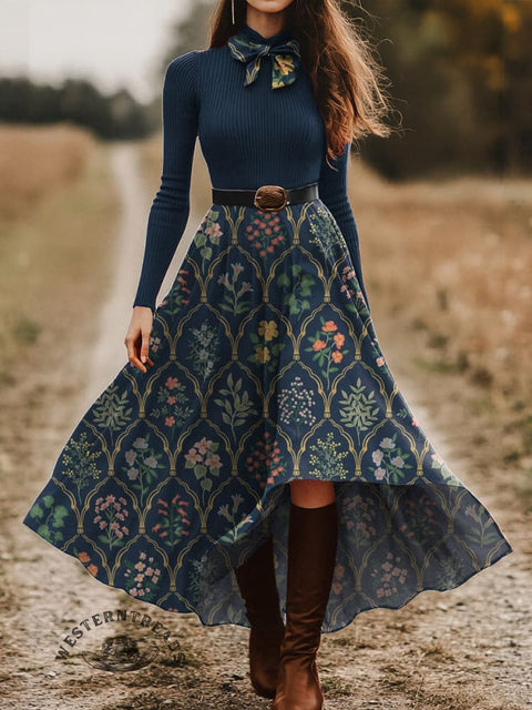 Women's Pastoral Floral Skirt and Long-sleeve Tops Two-Piece Suit