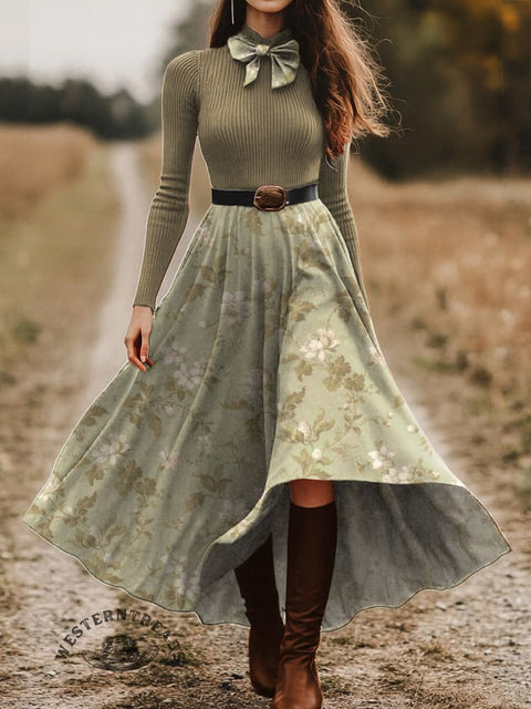 Women's Pastoral Floral Skirt and Long-sleeve Tops Two-Piece Suit