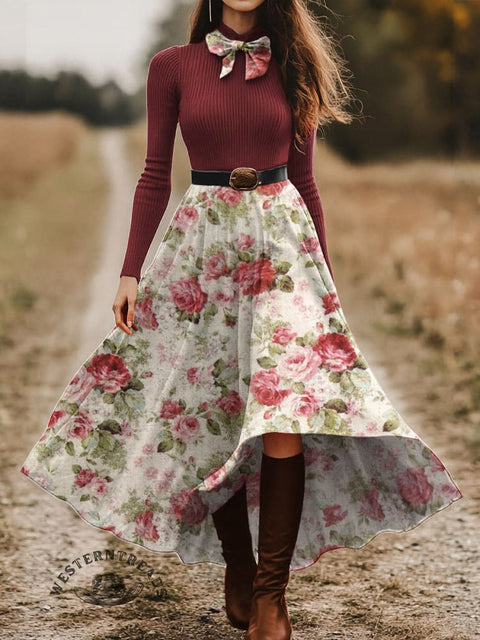 Women's Pastoral Floral Skirt and Long-sleeve Tops Two-Piece Suit