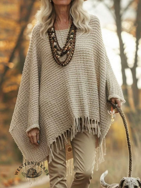 Women's Casual Knitted Blanket Poncho Hood Cape