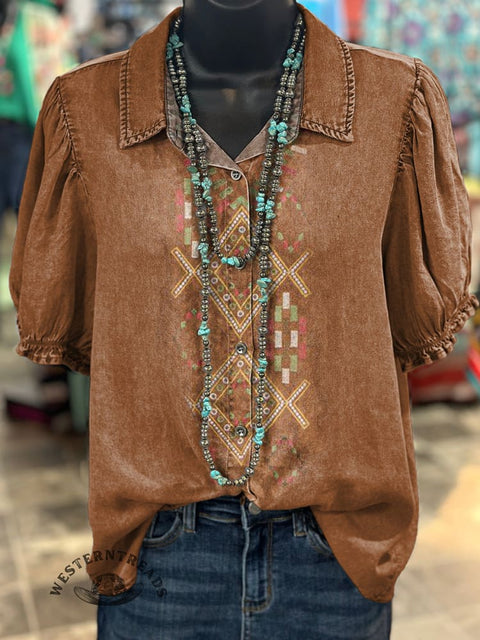 Women's Western Boots Pattern Print Casual Cotton Shirt