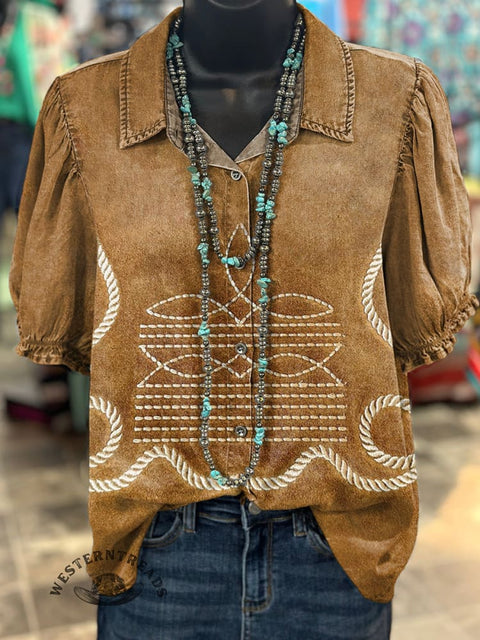 Women's Western Boots Pattern Print Casual Cotton Shirt