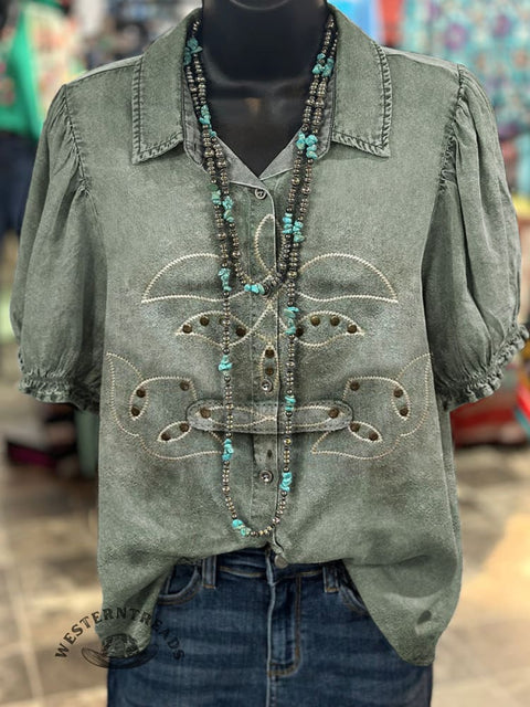 Women's Western Boots Pattern Print Casual Cotton Shirt