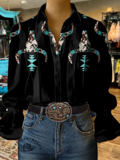 Women's Retro Bull Head Print Casual  Cotton And Linen Shirt