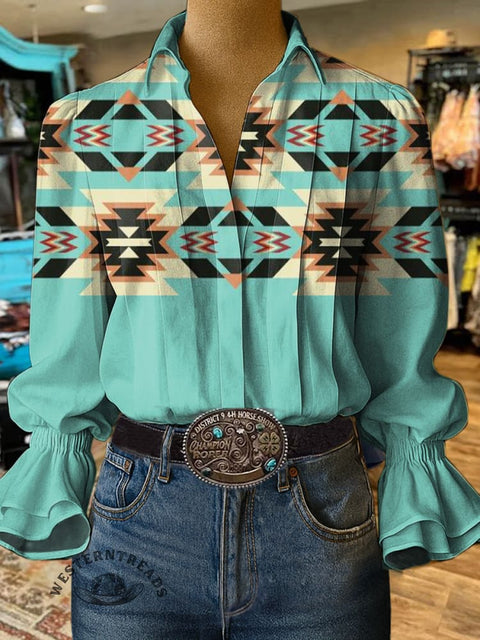 Women's Retro Aztec Print Casual Cotton And Linen Shirt