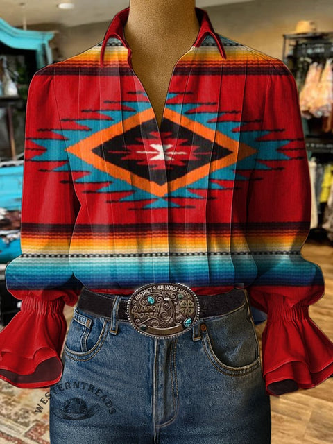 Women's Retro Aztec Print Casual Cotton And Linen Shirt