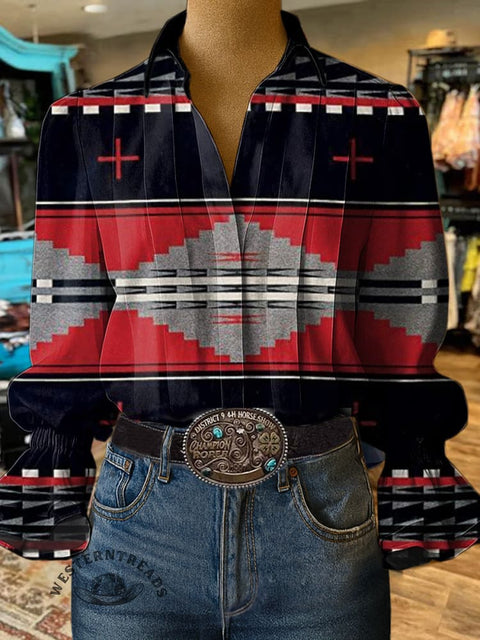 Women's Retro Aztec Print Casual Cotton And Linen Shirt