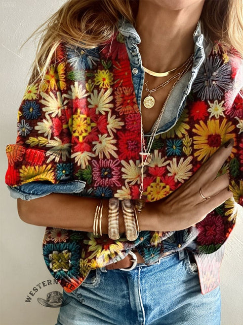 Women's Retro Flowers Print Casual Pullover Sweater