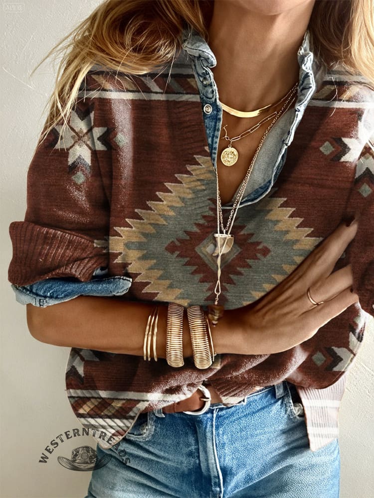 Women's Retro Aztec Print Casual Pullover Sweater