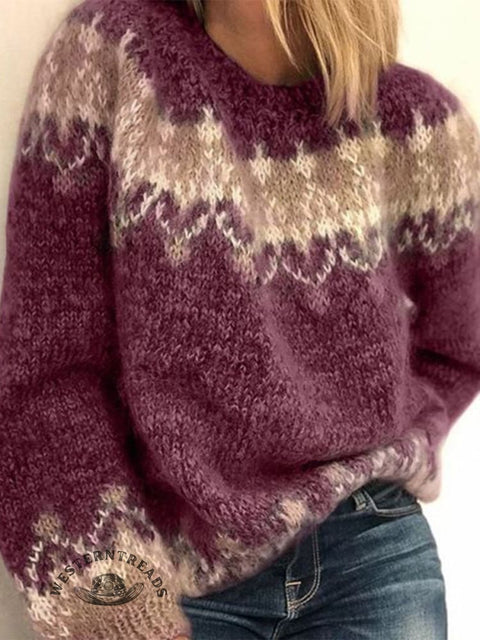 Retro Ethnic Print Knit Pullover Sweater