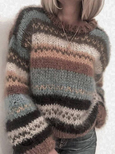 Retro Ethnic Print Knit Pullover Sweater
