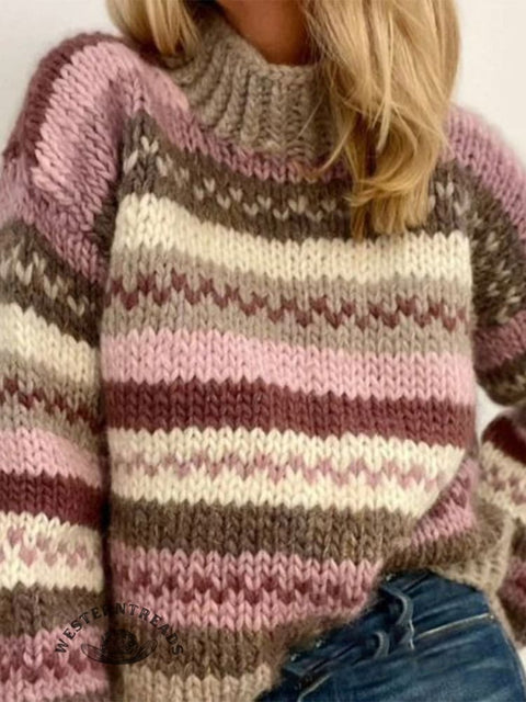 Retro Ethnic Print Knit Turtleneck Pullover Sweater