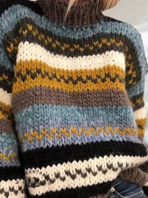 Retro Ethnic Print Knit Turtleneck Pullover Sweater