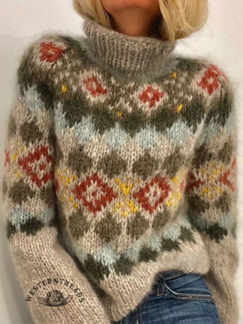 Retro Ethnic Print Knit Turtleneck Pullover Sweater