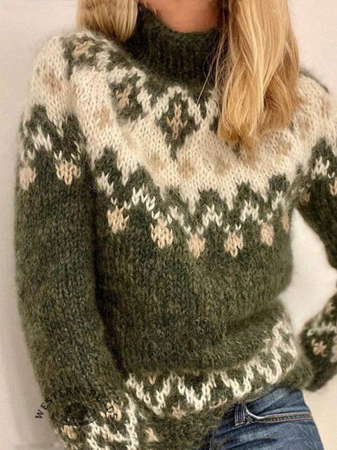 Retro Ethnic Print Knit Turtleneck Pullover Sweater