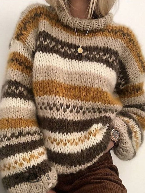 Retro Ethnic Print Knit Turtleneck Pullover Sweater