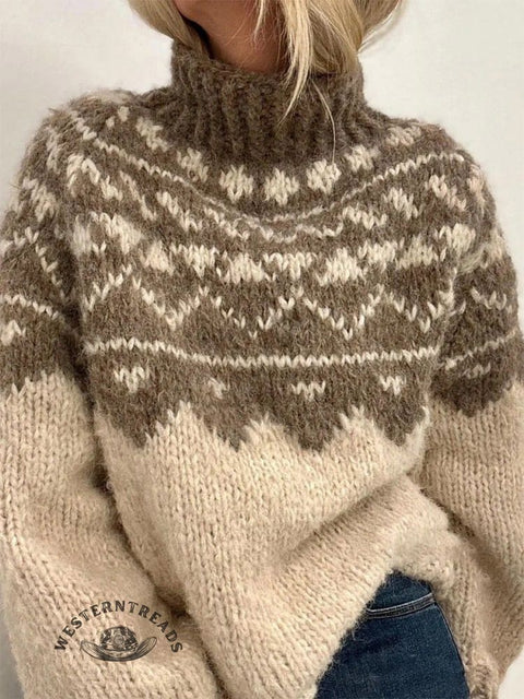 Retro Ethnic Print Knit Turtleneck Pullover Sweater
