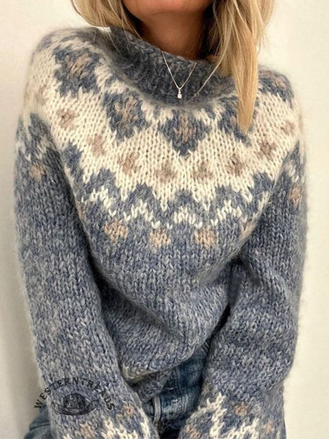 Retro Ethnic Print Knit Turtleneck Pullover Sweater