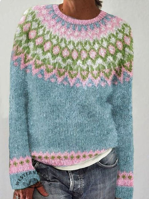 Retro Ethnic Print Knit Pullover Sweater